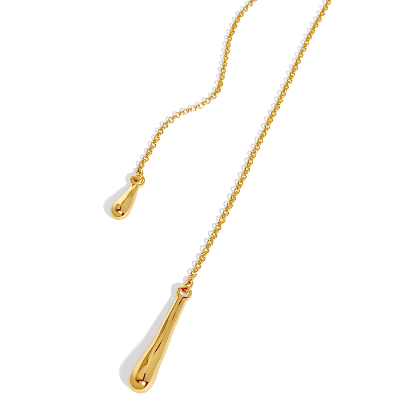 Judith and Charles x Biko gold hand-cast molten droplet necklace on 34" rolo chain. Versatile design can be worn long, folded, or wrapped as a choker. Rhodium plated with hypoallergenic clasp. Style BK-W2503, made in Toronto, Canada.