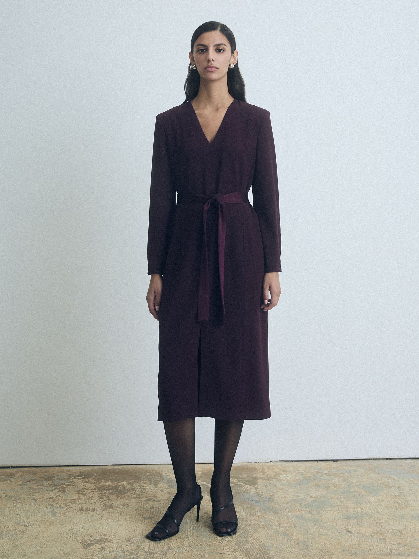 Long Sleeve V-neck Dress With a Self-Belt