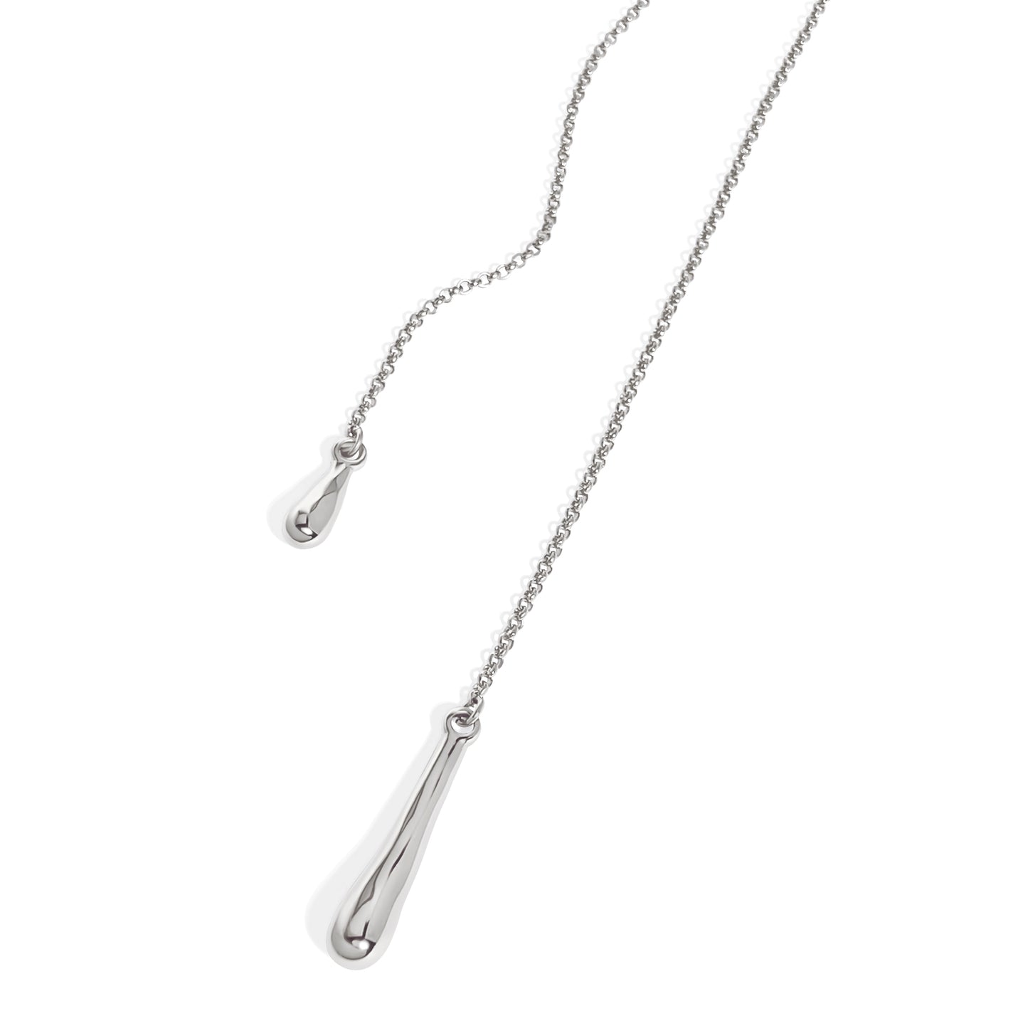 Judith and Charles x Biko silver hand-cast molten droplet necklace on 34" rolo chain. Versatile design can be worn long, folded, or wrapped as a choker. Rhodium plated with hypoallergenic clasp. Style BK-W2503, made in Toronto, Canada.