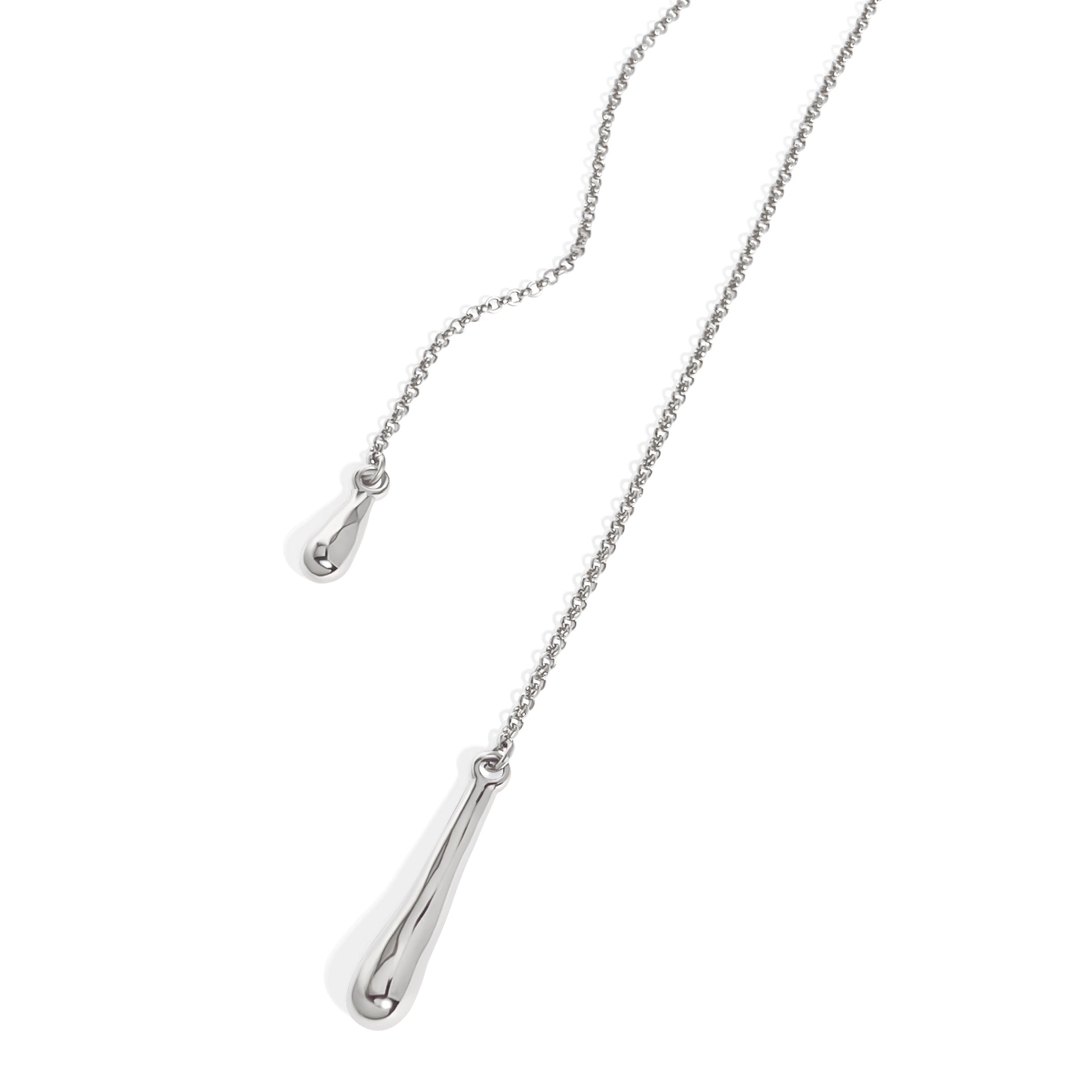 Judith and Charles x Biko silver hand-cast molten droplet necklace on 34" rolo chain. Versatile design can be worn long, folded, or wrapped as a choker. Rhodium plated with hypoallergenic clasp. Style BK-W2503, made in Toronto, Canada.