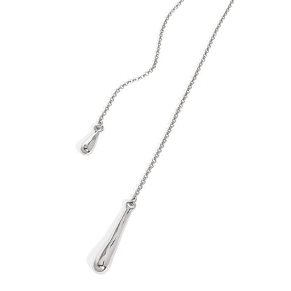 Judith and Charles x Biko silver hand-cast molten droplet necklace on 34" rolo chain. Versatile design can be worn long, folded, or wrapped as a choker. Rhodium plated with hypoallergenic clasp. Style BK-W2503, made in Toronto, Canada.