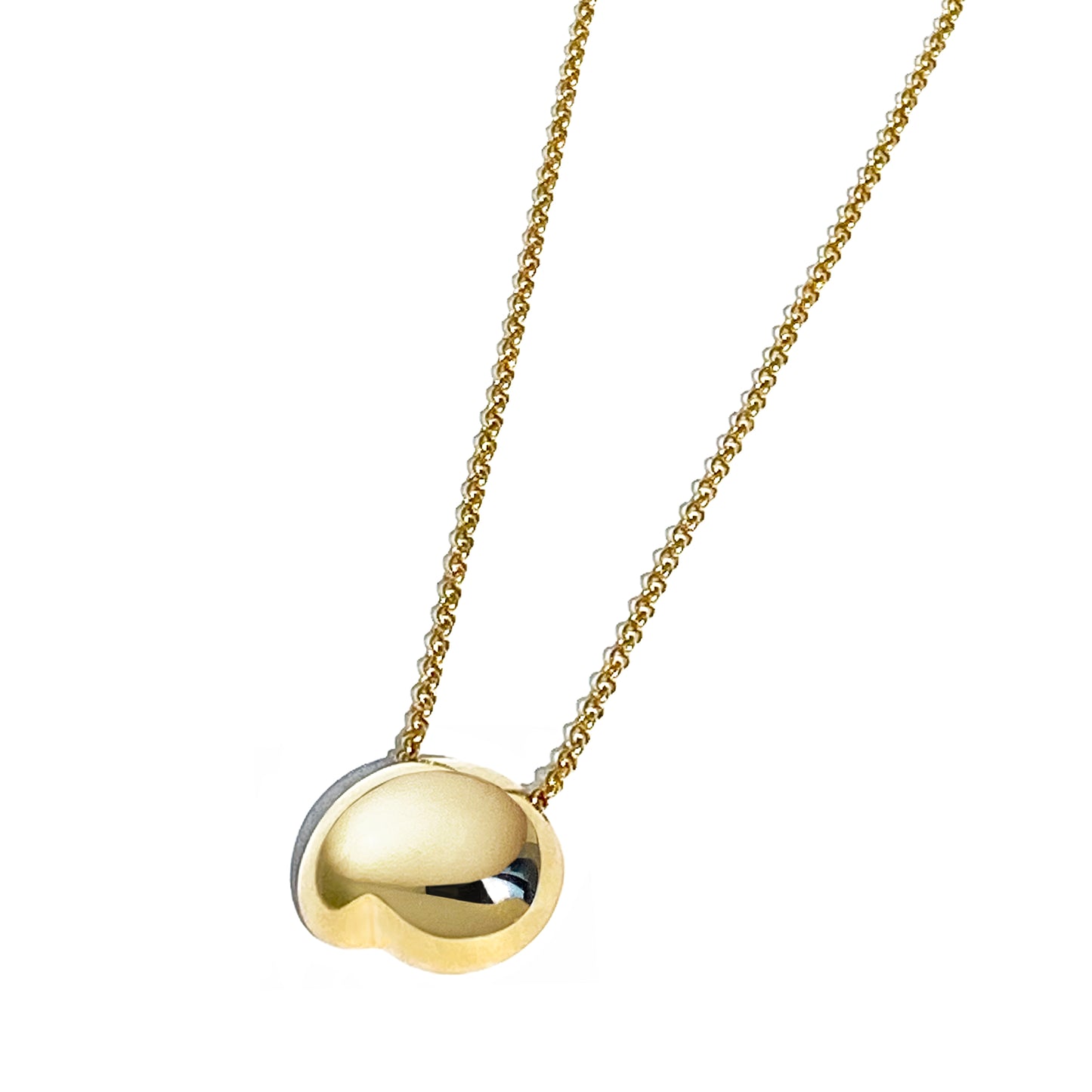 Judith and Charles x Biko gold organic pendant necklace with hand-cast, mirror-polished sculptural charm on 15.5" chain with 1" extension. Modern, feminine design with rhodium plating and hypoallergenic clasp. Pendant size 0.8" x 0.67", style BK-W2506, made in Toronto, Canada.