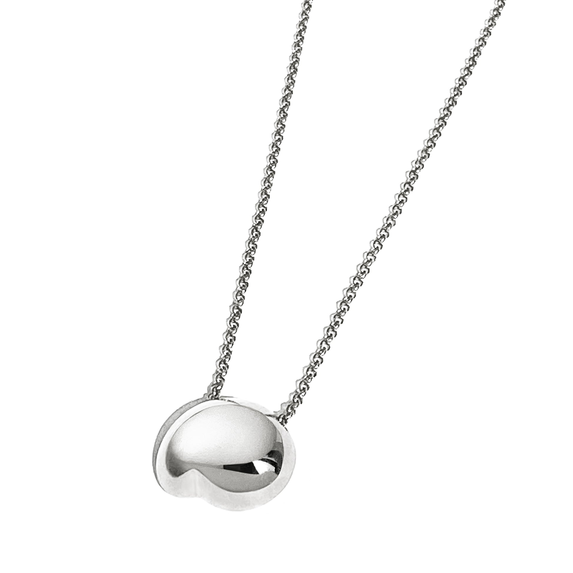 Judith and Charles x Biko silver organic pendant necklace with hand-cast, mirror-polished sculptural charm on 15.5" chain with 1" extension. Modern, feminine design with rhodium plating and hypoallergenic clasp. Pendant size 0.8" x 0.67", style BK-W2506, made in Toronto, Canada.