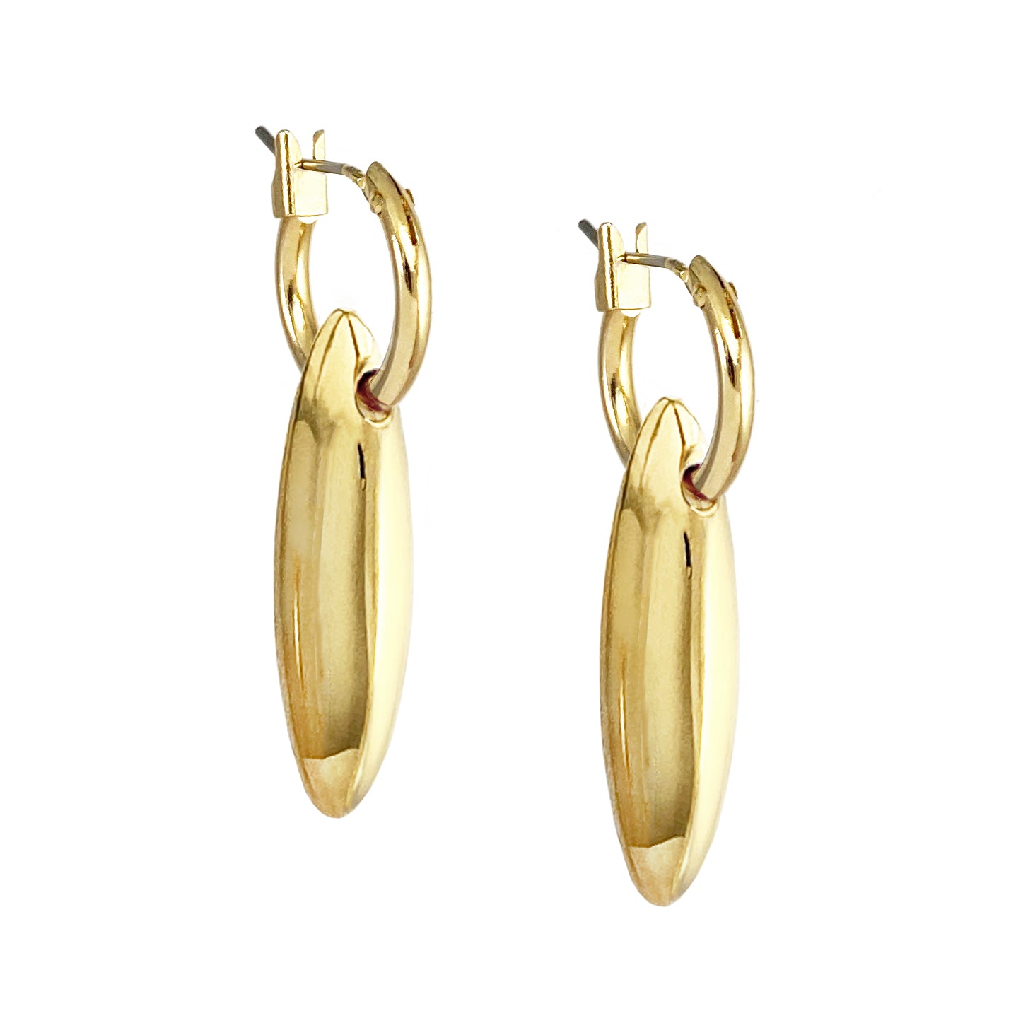 Judith and Charles x Biko silver gold hoop earrings with hand-cast sculptural charm, polished to perfection, worn on model’s first piercing. Versatile design allows charm to be removed for a sleek solo look. Rhodium plated, hypoallergenic posts. Style BK-W2510, made in Toronto, Canada.