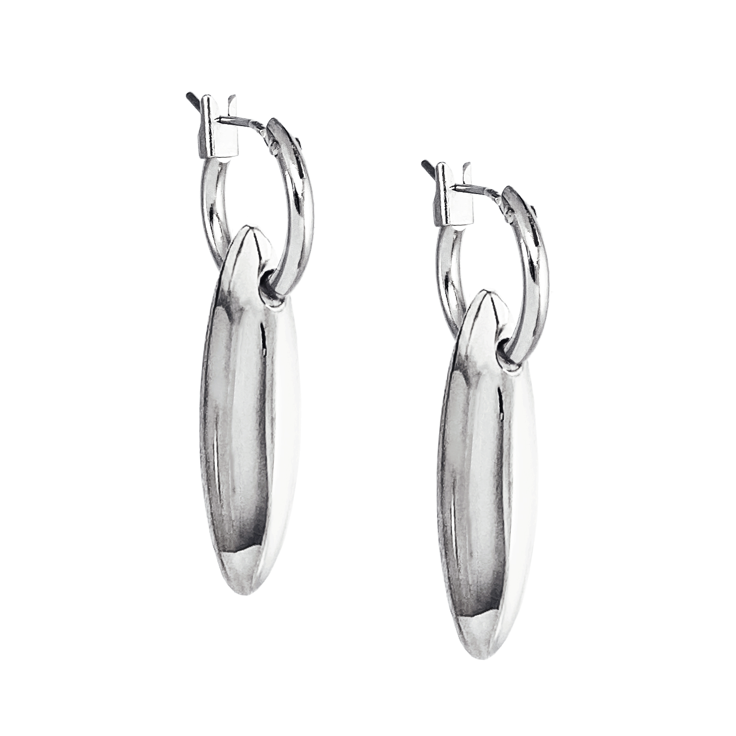 udith and Charles x Biko silver mini hoop earrings with hand-cast sculptural charm, polished to perfection, worn on model’s first piercing. Versatile design allows charm to be removed for a sleek solo look. Rhodium plated, hypoallergenic posts. Style BK-W2510, made in Toronto, Canada.