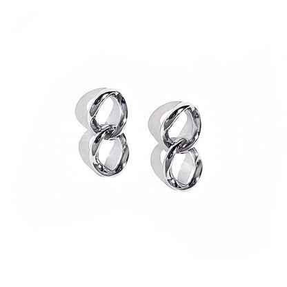 udith and Charles x Biko gold silver double link earrings, hand-cast and polished, worn on model. Subtle yet strong everyday essentials with 14k gold plating and hypoallergenic posts. 0.4" width, 0.9" drop. Style BK-W2508, made in Toronto, Canada
