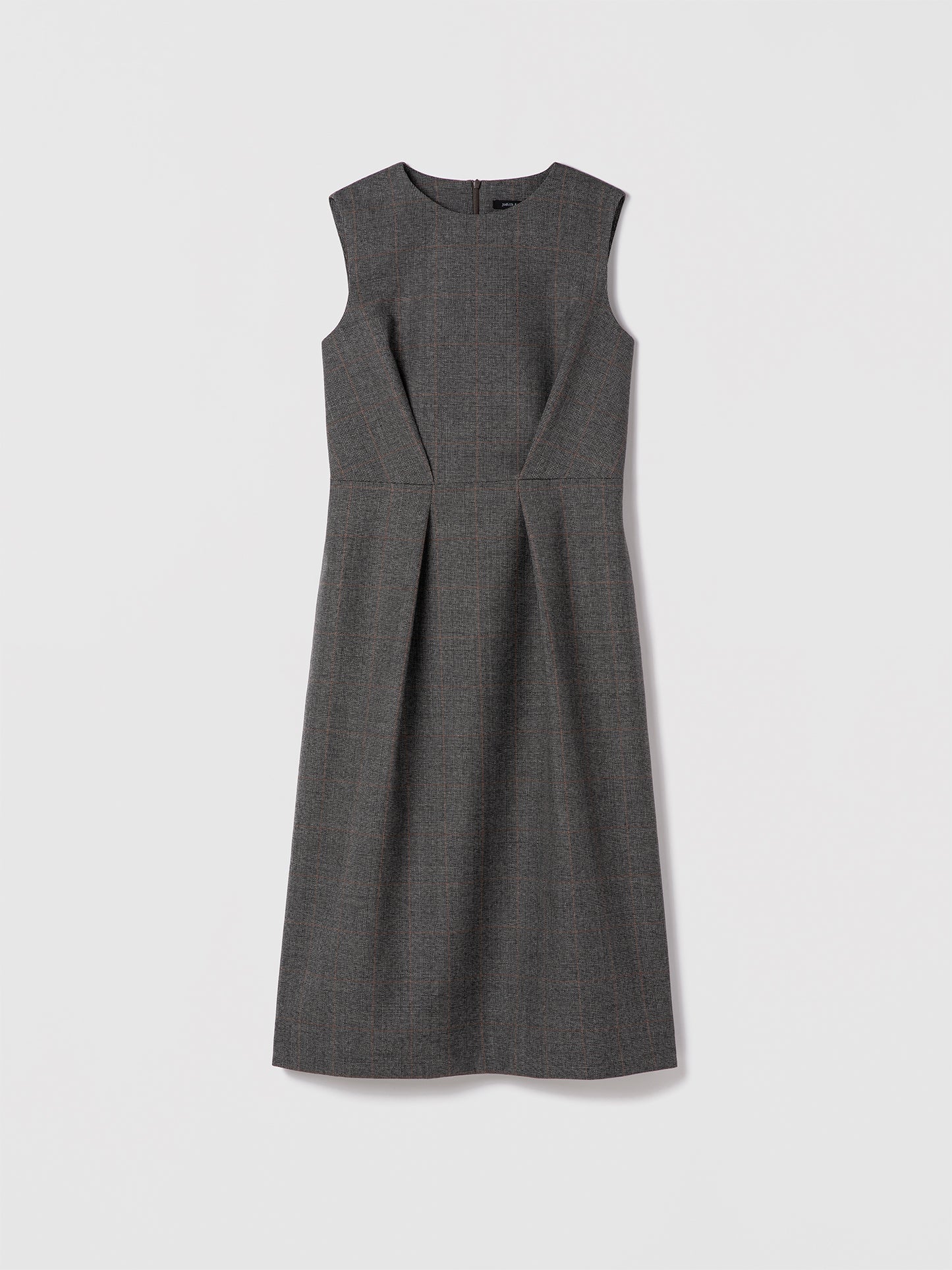 Grey plaid sleeveless wool dress with crew neck, leather belt, and back slit — Judith & Charles.