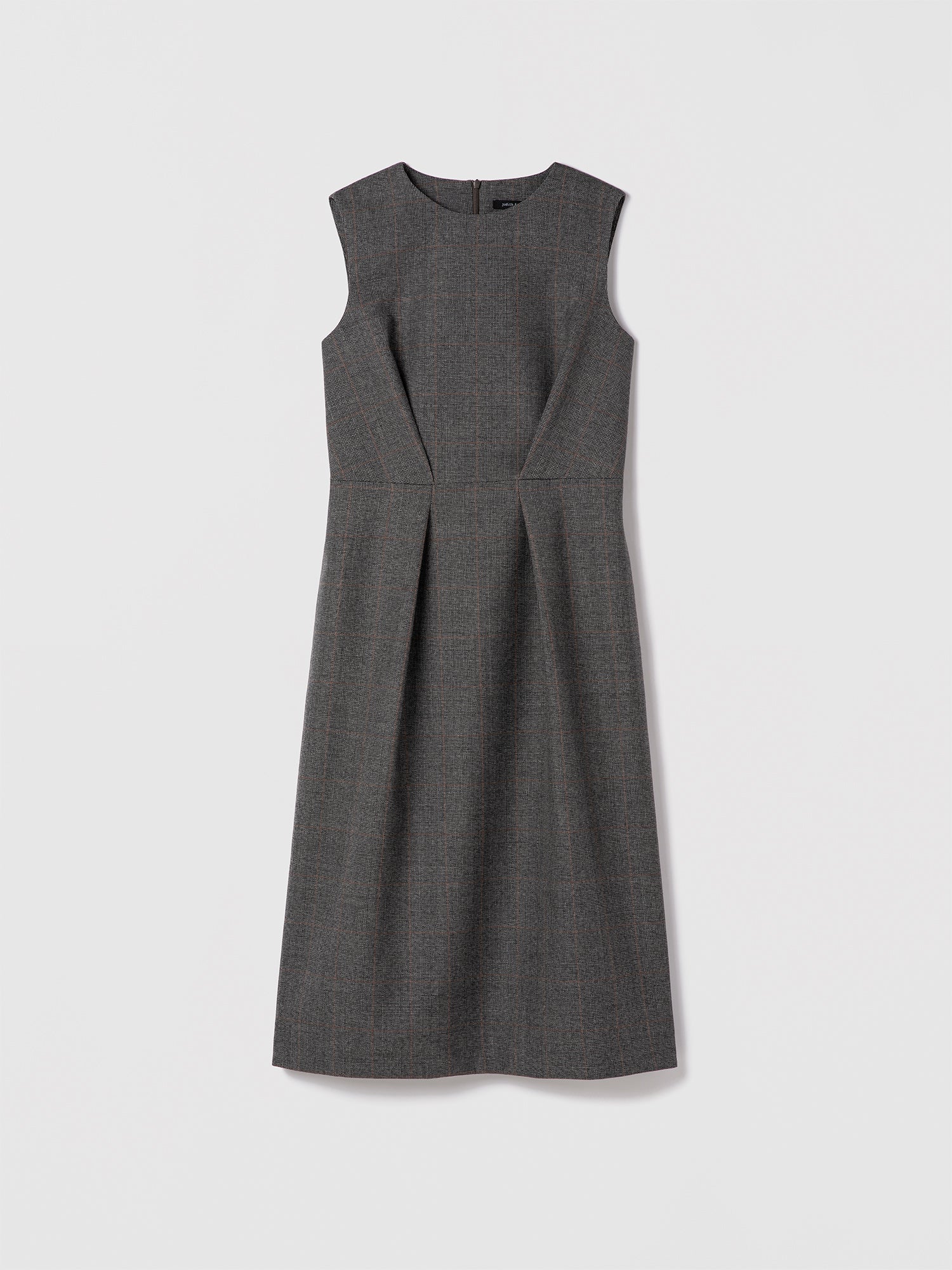 Grey plaid sleeveless wool dress with crew neck, leather belt, and back slit — Judith & Charles.