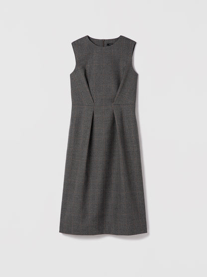 Grey plaid sleeveless wool dress with crew neck, leather belt, and back slit — Judith & Charles.