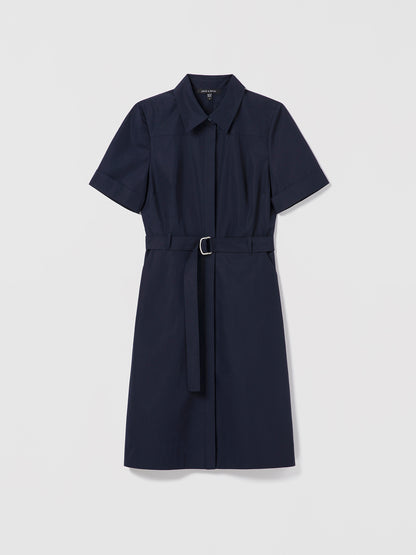 Judith & Charles navy poplin shirt dress with short sleeves, front buttons, slash pockets, and self-belt