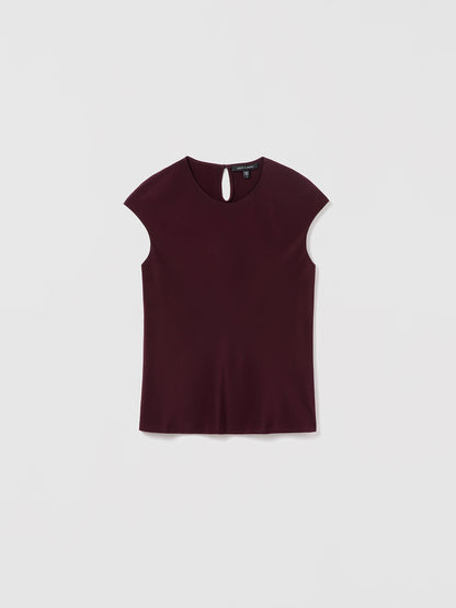 Judith & Charles dark cherry silk crew neck top — double-layer front, bias cut, back keyhole with button.