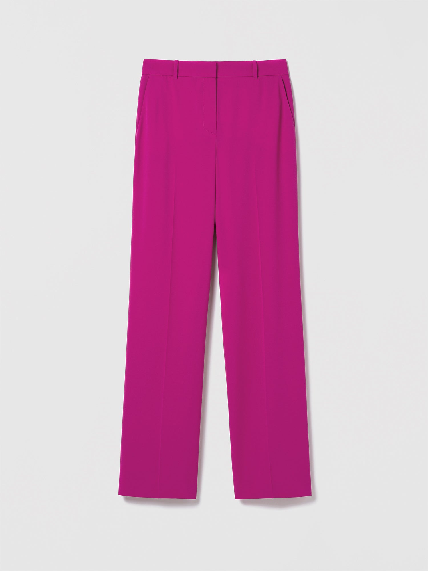 Judith & Charles Orchid full-length wide-leg pant in Satin Back Crepe with a mid-rise fit. Features slash pockets, back welt pockets, clean waistband, and hook-and-eye closure with zip. Unlined, 33-inch inseam. Made in Canada with Japanese fabric. Style: Parme Pant 