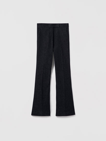 Judith & Charles indigo cropped flare pant with clean waist, slash pockets, back welt pockets, hook-and-eye zip closure, made from Italian fabric, 98% cotton 2% elastane